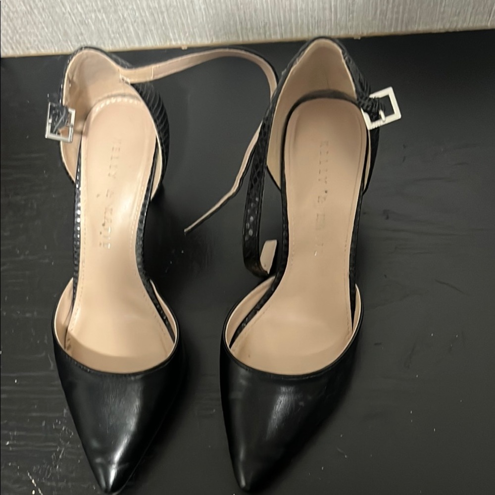 Kelly & Katie Black Pointed-Toe Heels with Ankle Strap